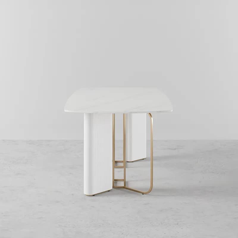 NG Decor Modern White Faux Marble Dining Table 6 Seater Rectangular Table Pedestal Base