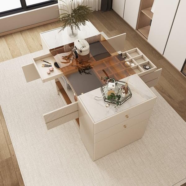 60" W Modern Off White Dresser with Doors & Drawers Walk in Closet Island Jewelry Storage
