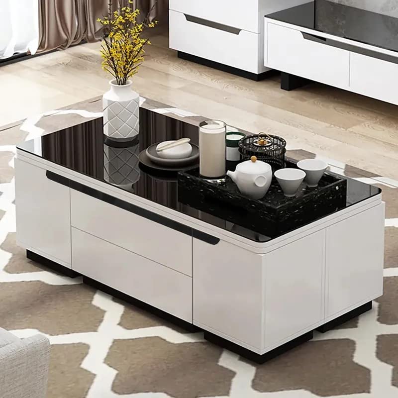 NG Decor Modern White Lift Top Glass Coffee Table with Drawers & Storage Multifunction Table