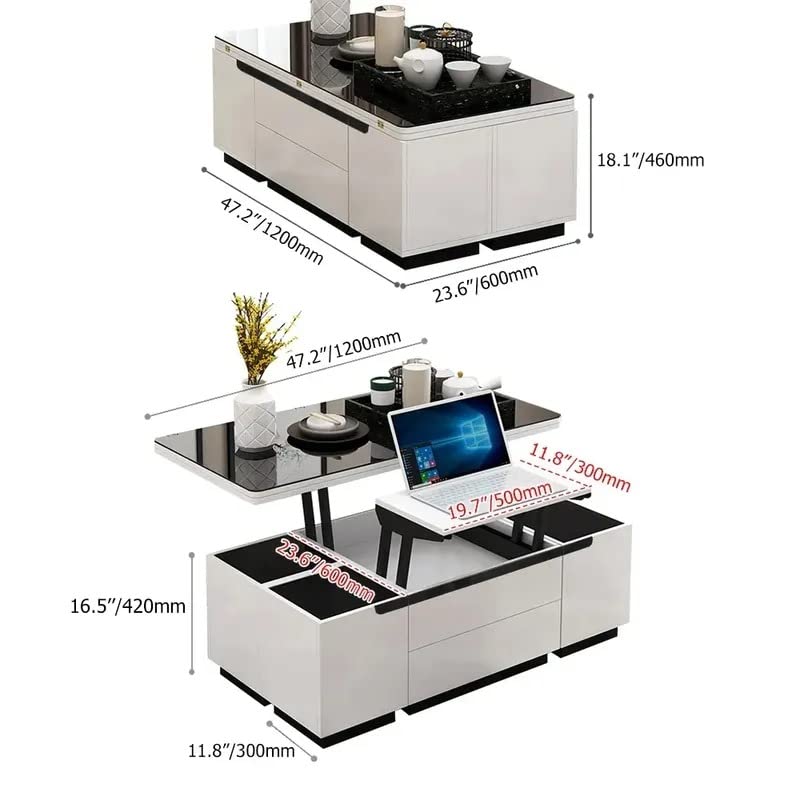 NG Decor Modern White Lift Top Glass Coffee Table with Drawers & Storage Multifunction Table