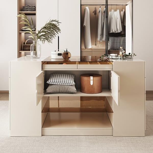 60" W Modern Off White Dresser with Doors & Drawers Walk in Closet Island Jewelry Storage