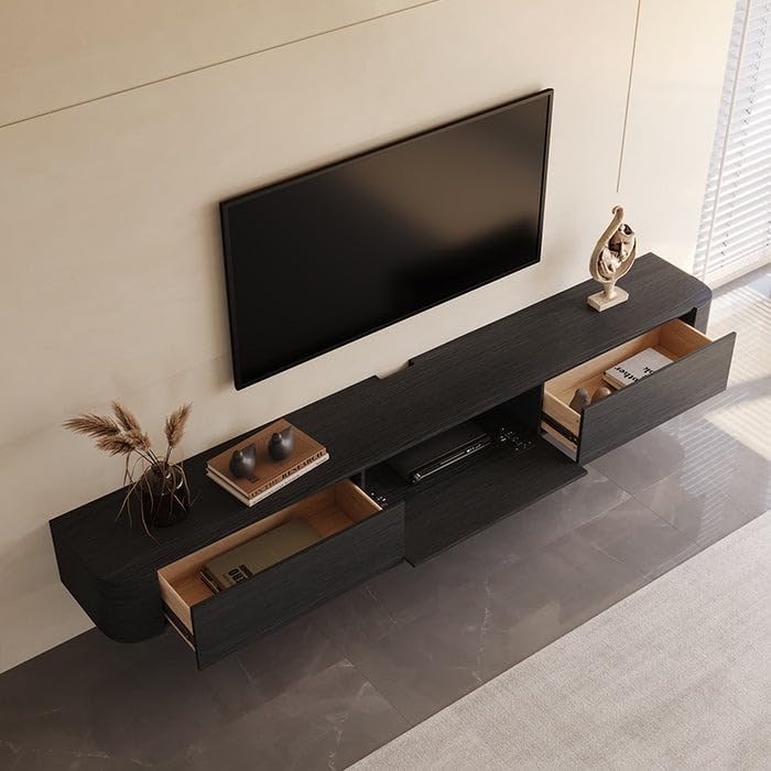 Engineered Wood 78" Black Floating Media Console, Modern Wall Mounted TV Cabinet for up to 85 Inch TV