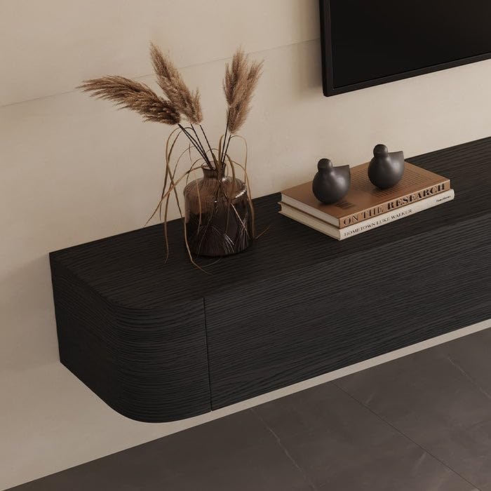Engineered Wood 78" Black Floating Media Console, Modern Wall Mounted TV Cabinet for up to 85 Inch TV