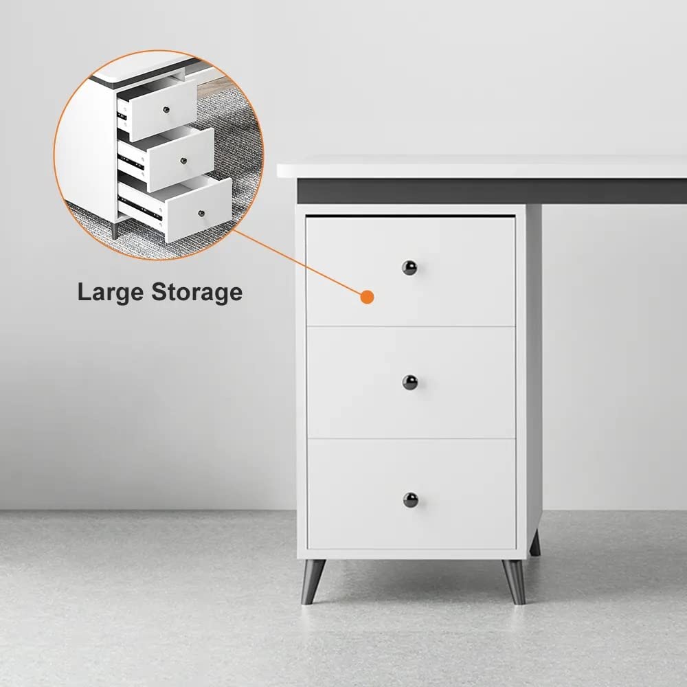 NG Decor, Modern 55" White Wooden Home Office Computer Desk with Drawers in Black