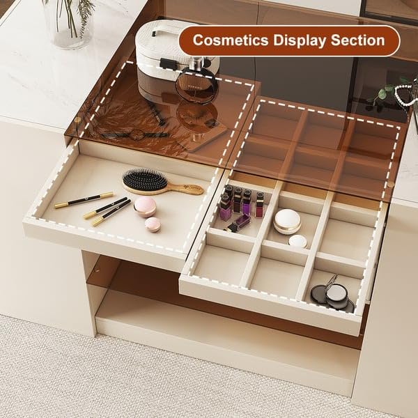 60" W Modern Off White Dresser with Doors & Drawers Walk in Closet Island Jewelry Storage