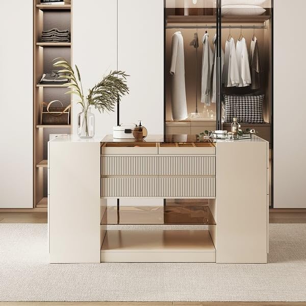 60" W Modern Off White Dresser with Doors & Drawers Walk in Closet Island Jewelry Storage