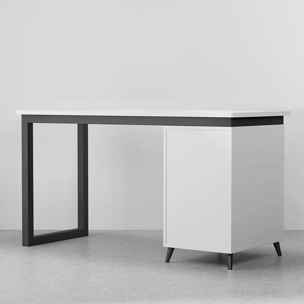 NG Decor, Modern 55" White Wooden Home Office Computer Desk with Drawers in Black