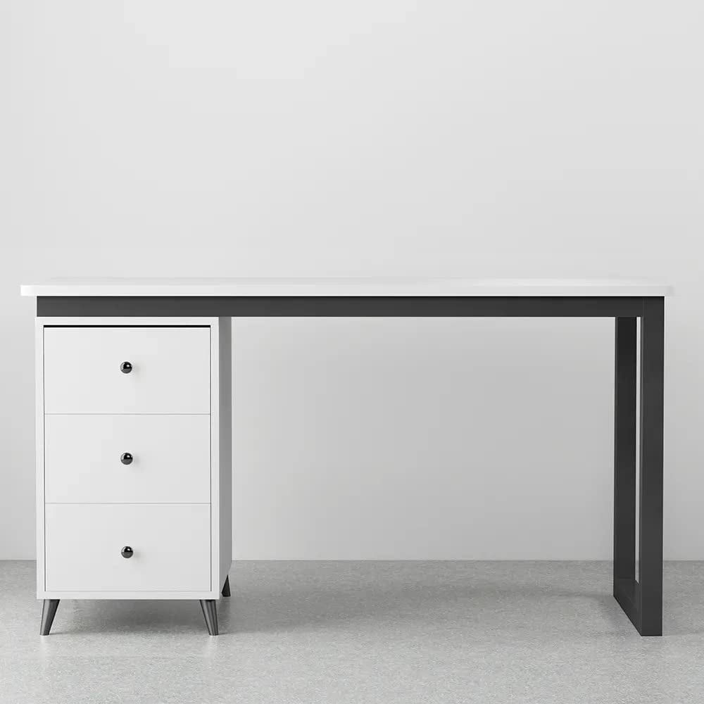 NG Decor, Modern 55" White Wooden Home Office Computer Desk with Drawers in Black