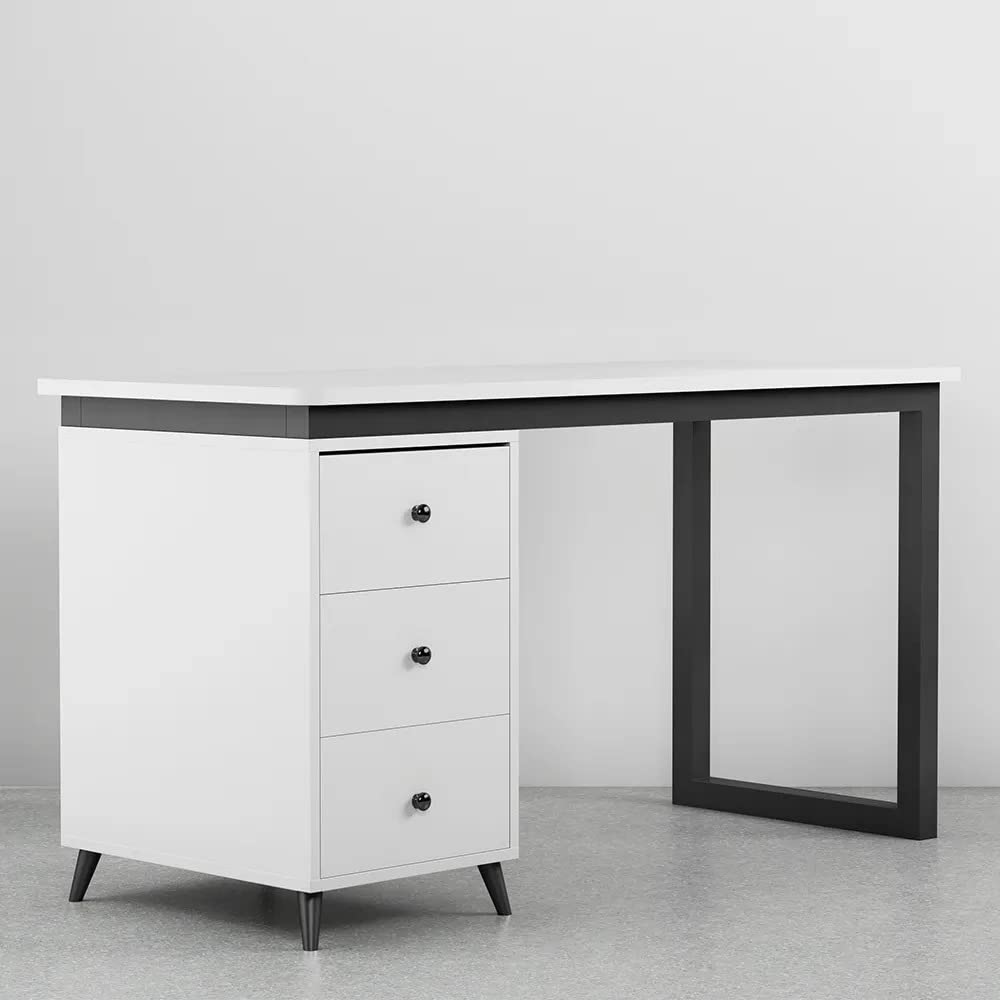 NG Decor, Modern 55" White Wooden Home Office Computer Desk with Drawers in Black