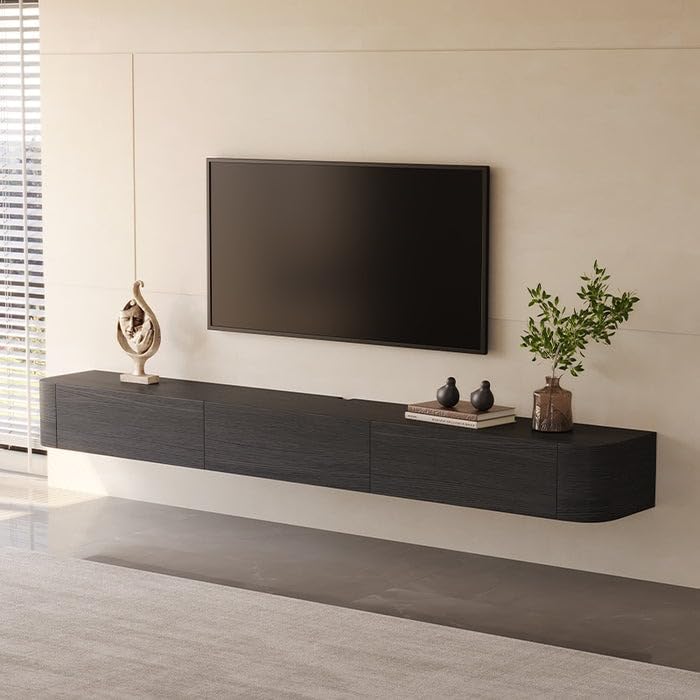 Engineered Wood 78" Black Floating Media Console, Modern Wall Mounted TV Cabinet for up to 85 Inch TV