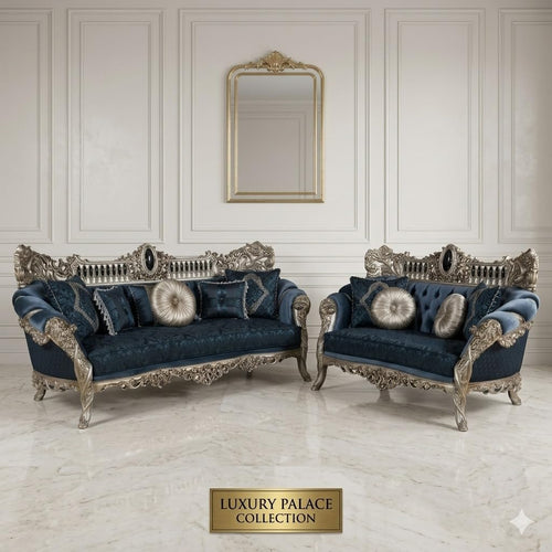 Luxury Royal Sofa Set 3 Seater and 2 Seater, Hand Carved Classic Living Room Furniture, Velvet Upholstery, European Style Chesterfield Couch with Decorative Cushions