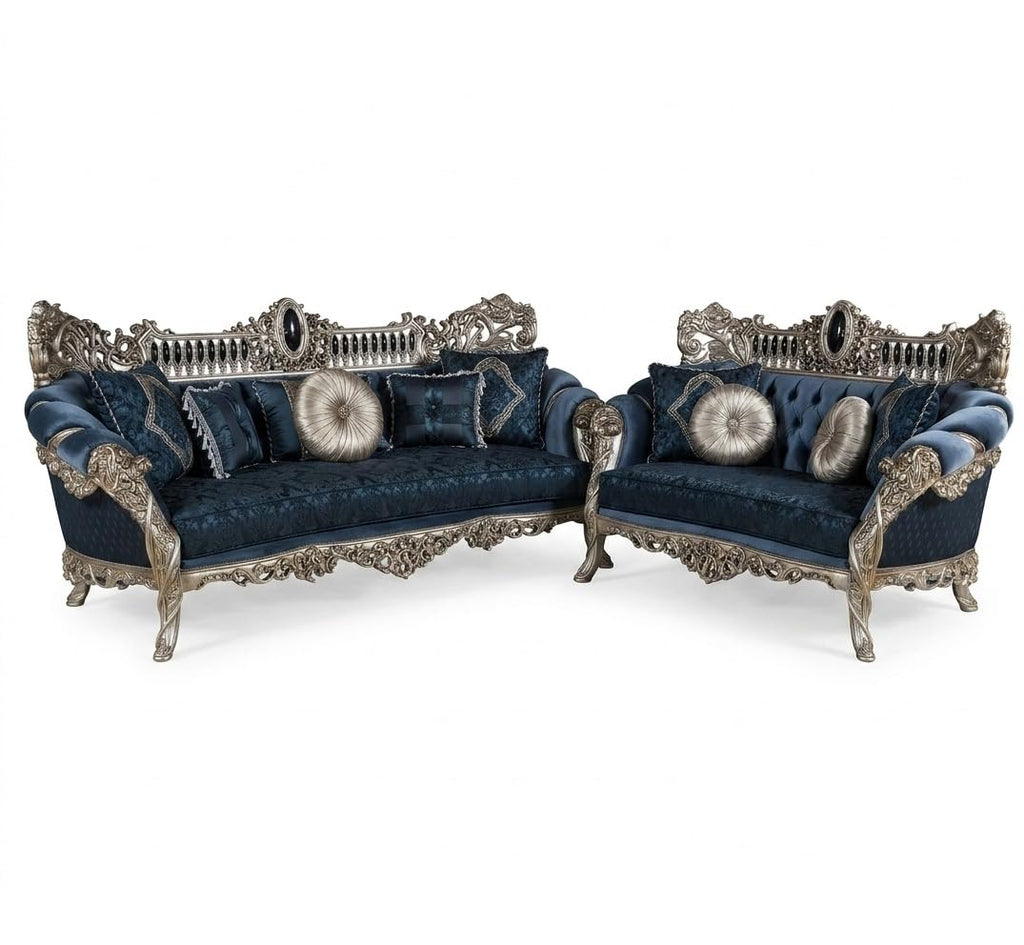 Luxury Royal Sofa Set 3 Seater and 2 Seater, Hand Carved Classic Living Room Furniture, Velvet Upholstery, European Style Chesterfield Couch with Decorative Cushions