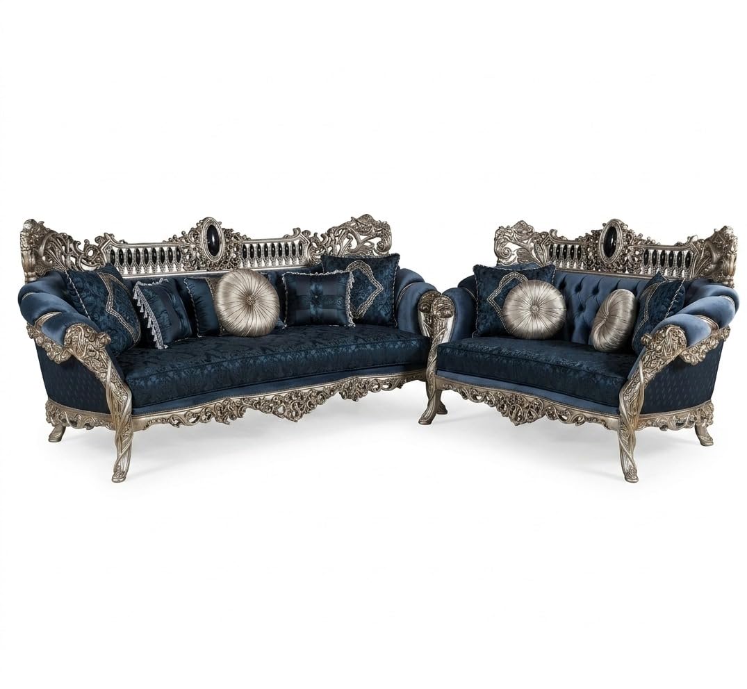 Luxury Royal Sofa Set 3 Seater and 2 Seater, Hand Carved Classic Living Room Furniture, Velvet Upholstery, European Style Chesterfield Couch with Decorative Cushions