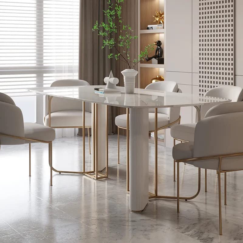 NG Decor Modern White Faux Marble Dining Table 6 Seater Rectangular Table Pedestal Base