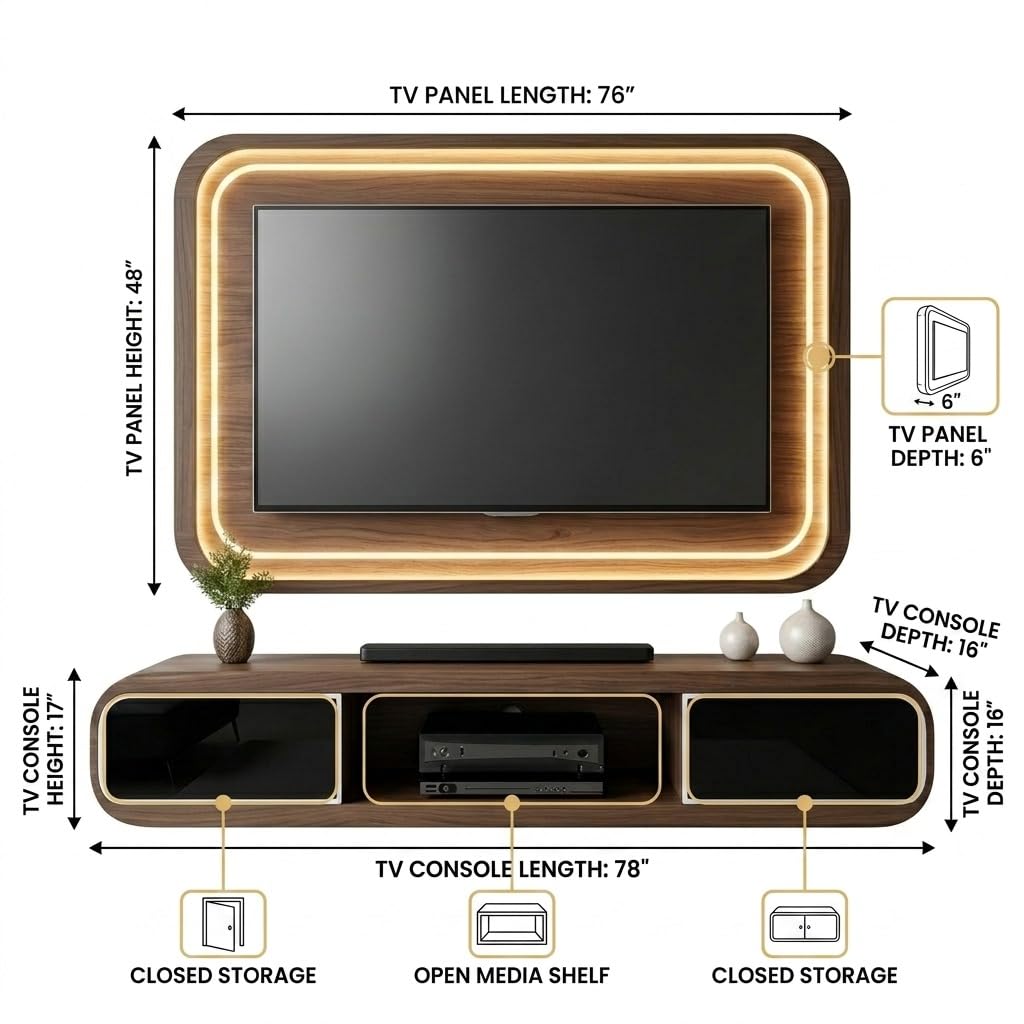 Tv Unit with Upper Unit 2 Drawers Push Open Telescopic Channels Upper wall Hanging Unit with Lights.