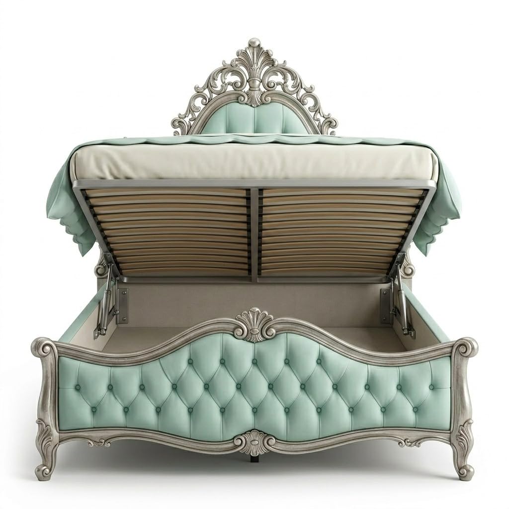 Luxury Upholstered King Size Bed with Tufted Headboard | Royal Vintage Style Bedroom Furniture | Premium Wooden Frame with Elegant Carved Design for Home Decor