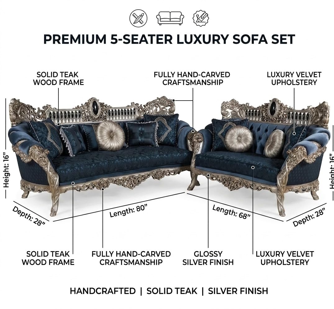 Luxury Royal Sofa Set 3 Seater and 2 Seater, Hand Carved Classic Living Room Furniture, Velvet Upholstery, European Style Chesterfield Couch with Decorative Cushions