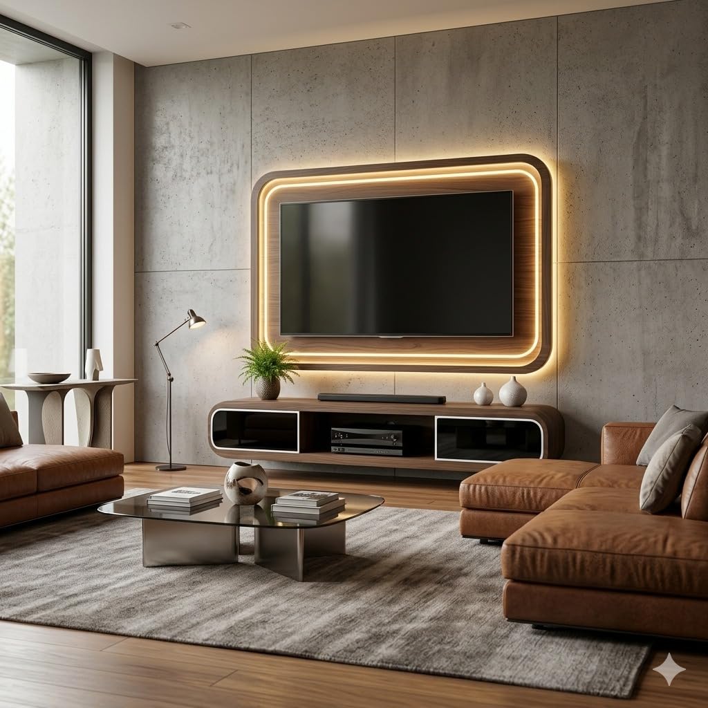 Tv Unit with Upper Unit 2 Drawers Push Open Telescopic Channels Upper wall Hanging Unit with Lights.