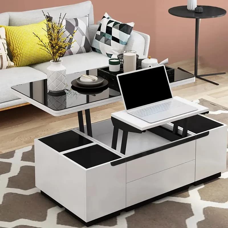 NG Decor Modern White Lift Top Glass Coffee Table with Drawers & Storage Multifunction Table