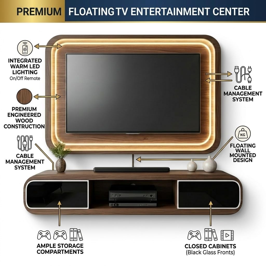 Tv Unit with Upper Unit 2 Drawers Push Open Telescopic Channels Upper wall Hanging Unit with Lights.