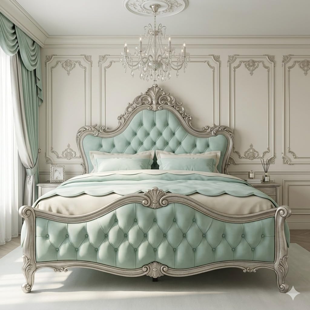 Luxury Upholstered King Size Bed with Tufted Headboard | Royal Vintage Style Bedroom Furniture | Premium Wooden Frame with Elegant Carved Design for Home Decor