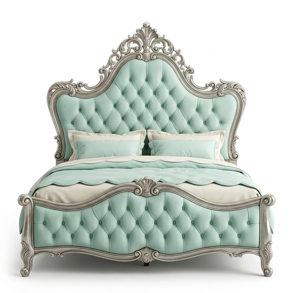 Luxury Upholstered King Size Bed with Tufted Headboard | Royal Vintage Style Bedroom Furniture | Premium Wooden Frame with Elegant Carved Design for Home Decor