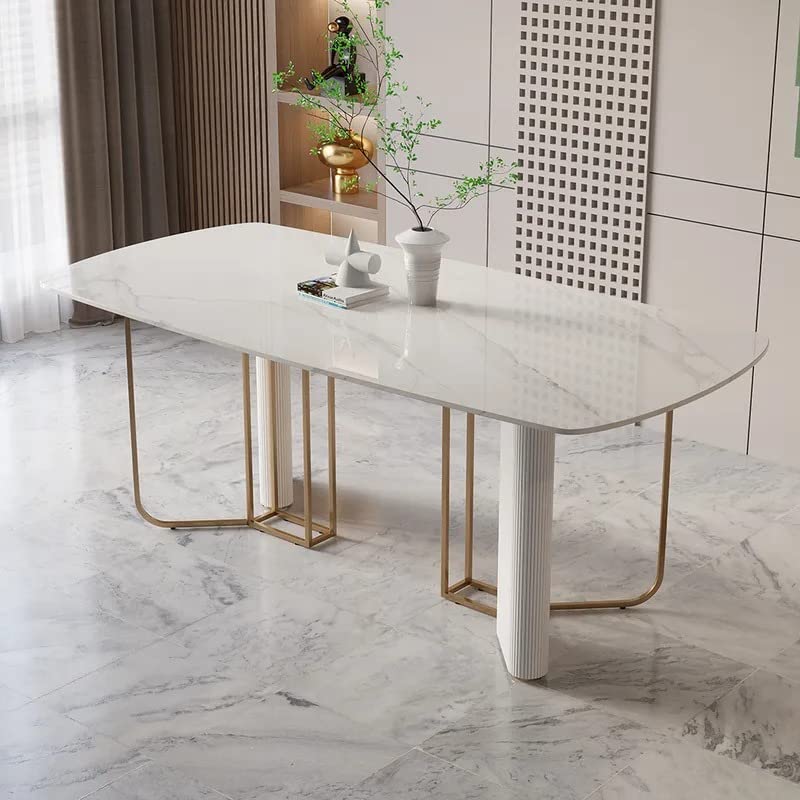 NG Decor Modern White Faux Marble Dining Table 6 Seater Rectangular Table Pedestal Base