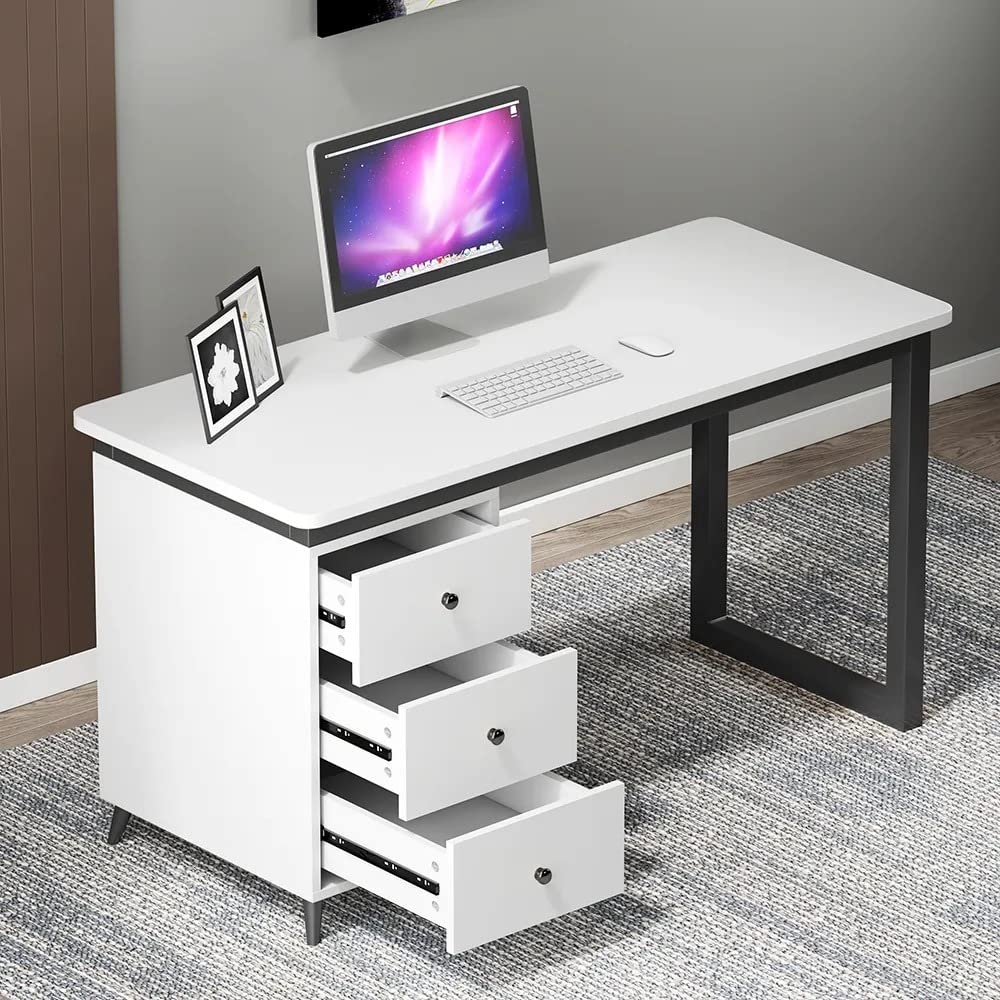 NG Decor, Modern 55" White Wooden Home Office Computer Desk with Drawers in Black