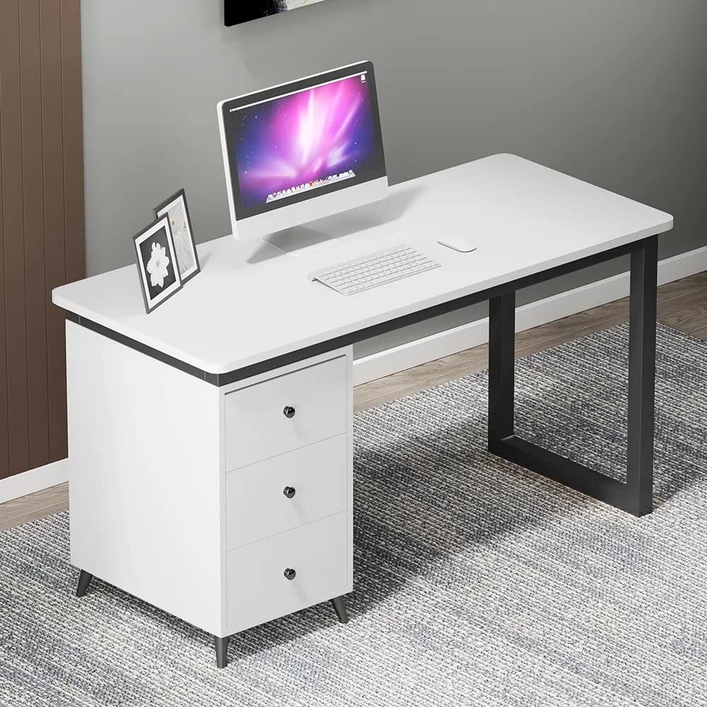 NG Decor, Modern 55" White Wooden Home Office Computer Desk with Drawers in Black