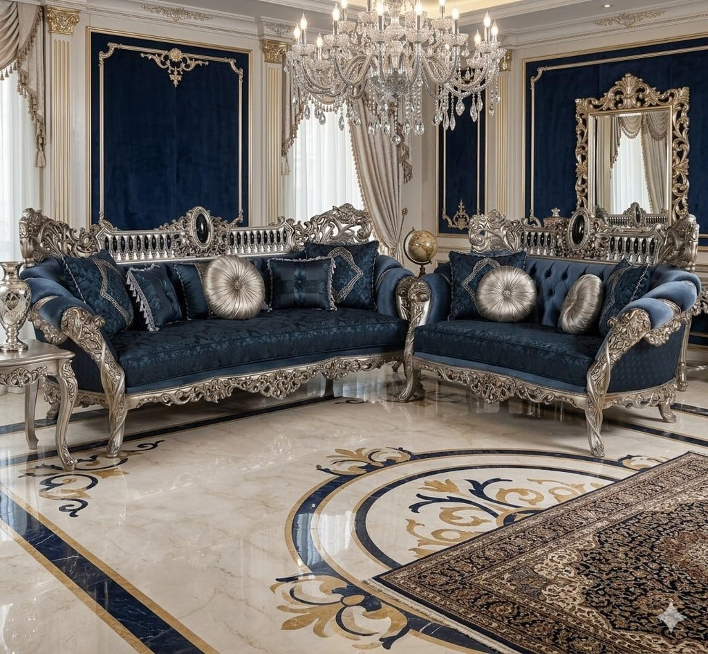 Luxury Royal Sofa Set 3 Seater and 2 Seater, Hand Carved Classic Living Room Furniture, Velvet Upholstery, European Style Chesterfield Couch with Decorative Cushions