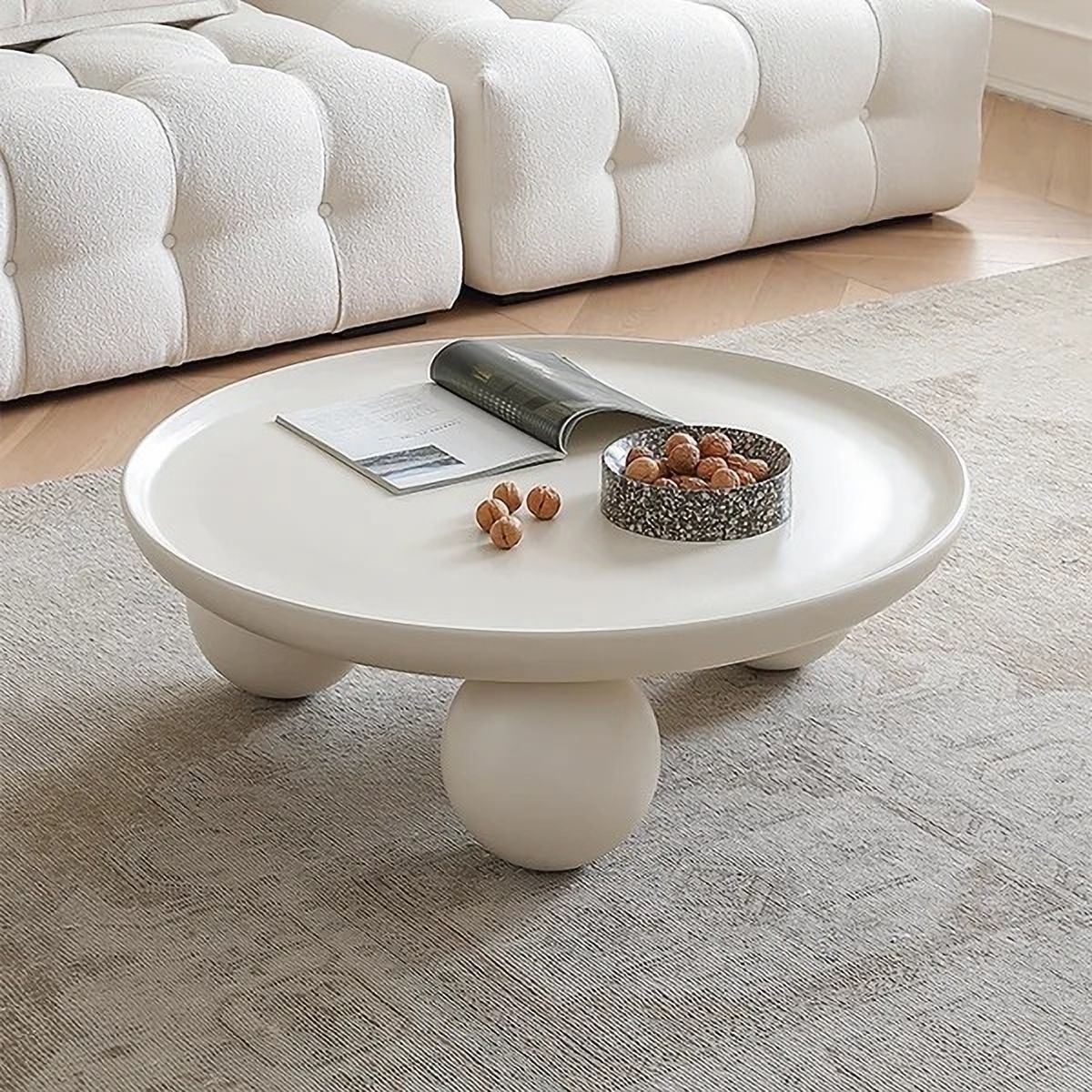 NG Decor 31.5" Modern Round White Block Coffee Table with Spherical Legs Engineered Wood Coffee Table