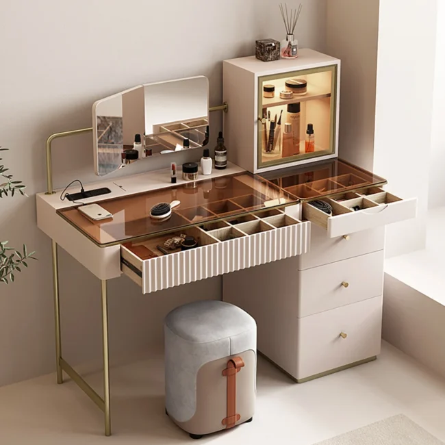 Chanor Makeup Vanity Set Mirrored Dressing Table with Jewelry Storage & Cabinet & Stool