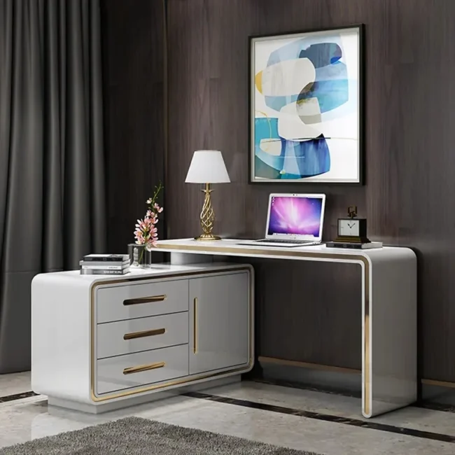 47" L-Shaped Desk Corner Rotating White Office Desk with 3 Drawers & Doors