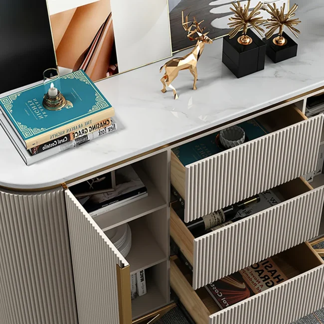 White Buffet Faux Marble Top Modern Sideboard with Stainless Steel Base - Image 4