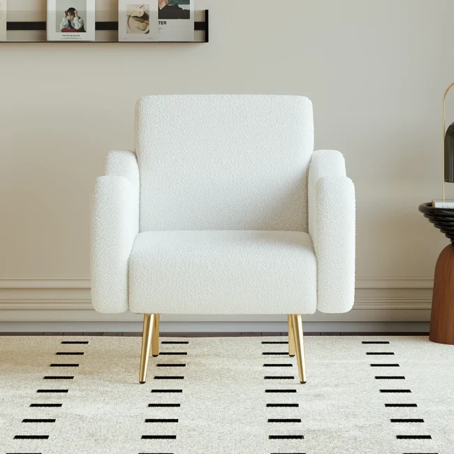 Modern White Boucle Accent Chair Armchair with Metal Leg in Gold - Image 3