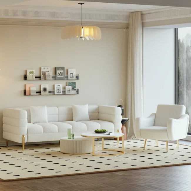 Modern White Boucle Accent Chair Armchair with Metal Leg in Gold - Image 7