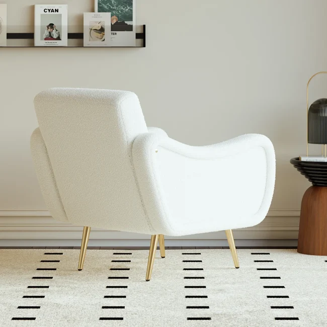 Modern White Boucle Accent Chair Armchair with Metal Leg in Gold - Image 4