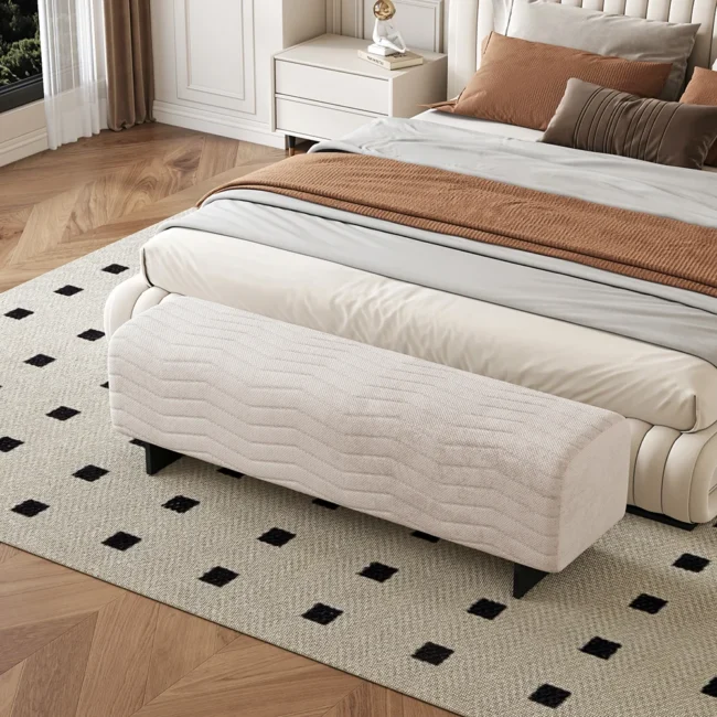 57.5"W Modern Beige Knitted Velvet Upholstered Bedroom Bench with Stainless Steel Legs - Image 7