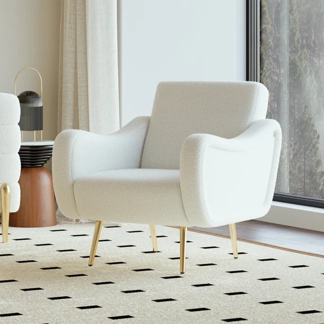 Modern White Boucle Accent Chair Armchair with Metal Leg in Gold - Image 2