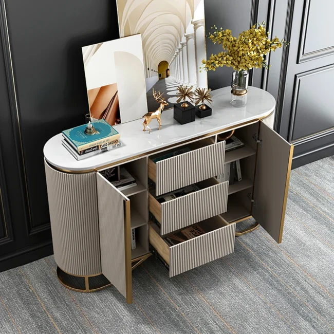 White Buffet Faux Marble Top Modern Sideboard with Stainless Steel Base - Image 3
