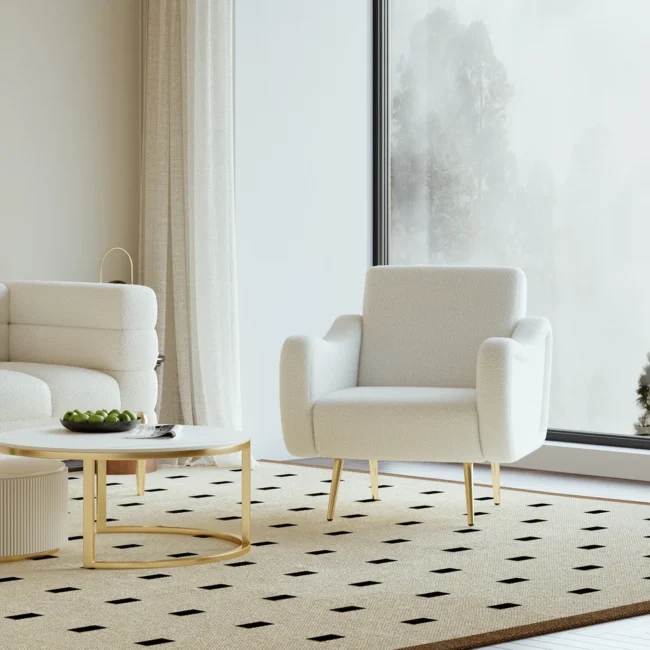 Modern White Boucle Accent Chair Armchair with Metal Leg in Gold - Image 5