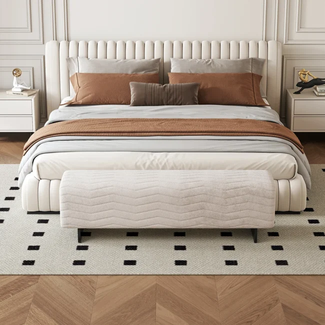 57.5"W Modern Beige Knitted Velvet Upholstered Bedroom Bench with Stainless Steel Legs - Image 8
