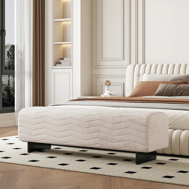 57.5"W Modern Beige Knitted Velvet Upholstered Bedroom Bench with Stainless Steel Legs - Image 6