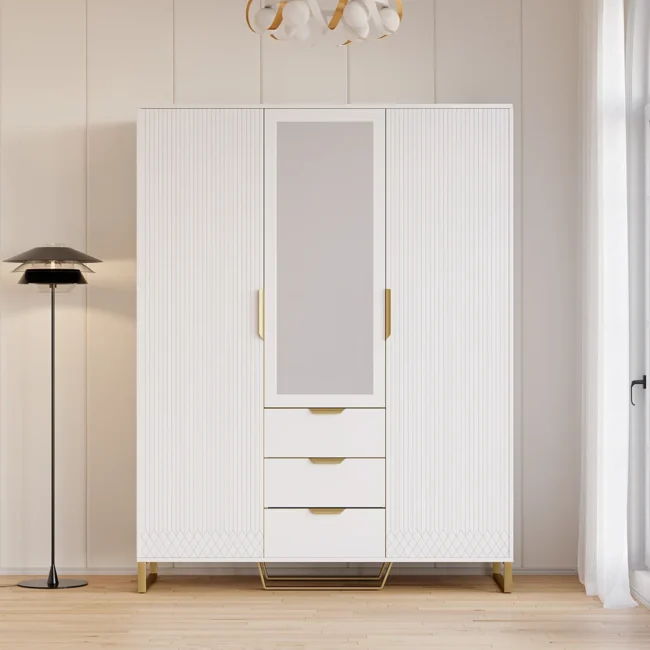 Aro Modern 3 Door Mirrored Armoire Dresser with Shelves & Drawers Tall Wardrobe Closet - Image 2