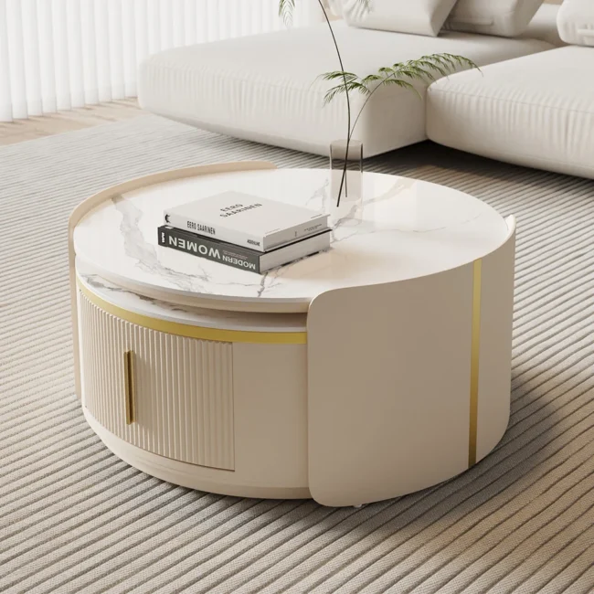 Round Modern Sintered Stone Top Nesting Coffee Table Fluted with Drawer in Off White - Image 3