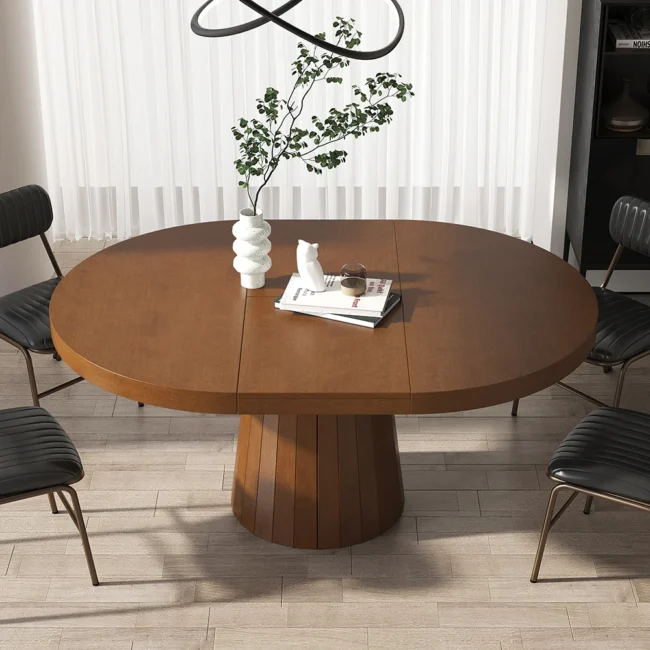 39"-55" Japandi Oval & Round Extendable Wood Dining Table Walnut Seats 4-6 People