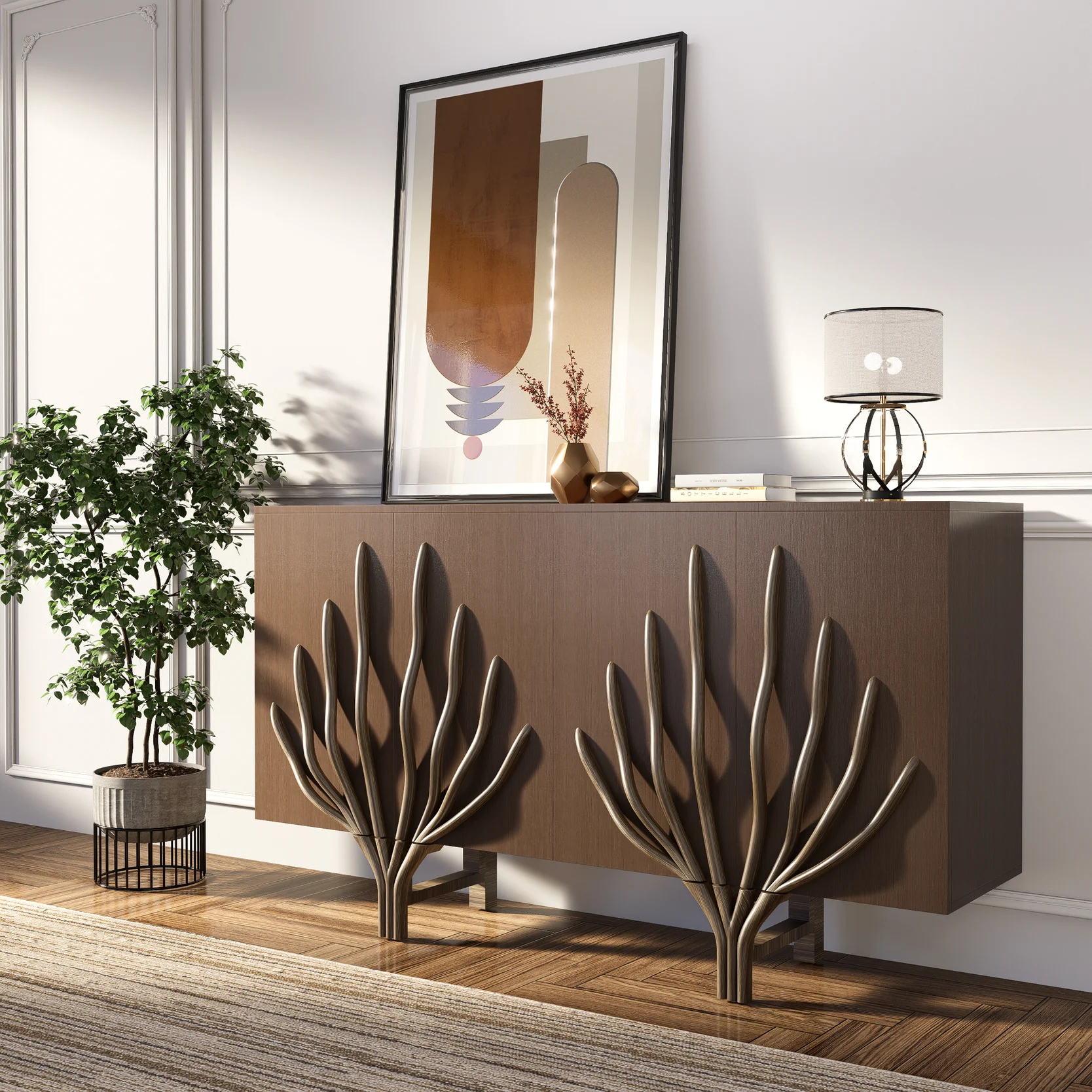 63″ Sideboard Branch Design Mid Century Modern Buffet with 2 Doors 2 Shelves