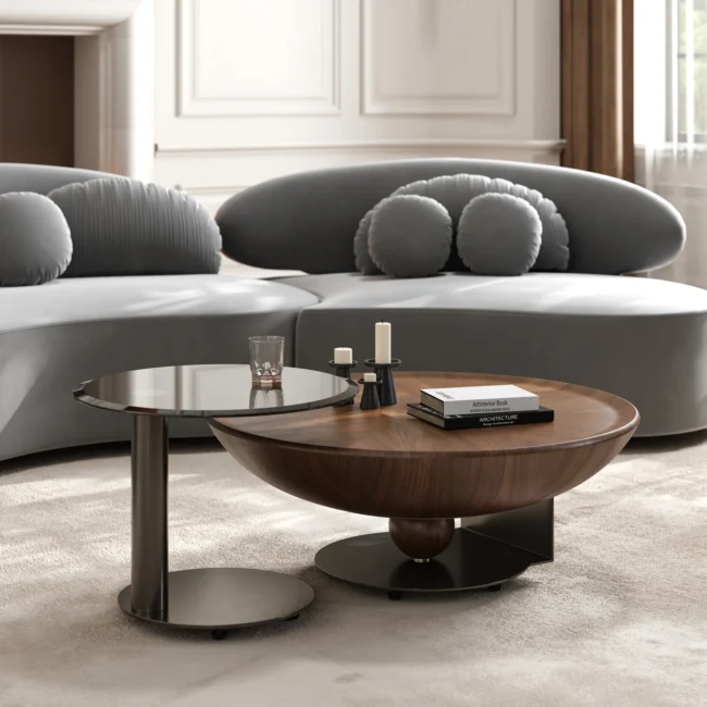 Glass Top Walnut Nesting Coffee Table Set of 2(22"-35")