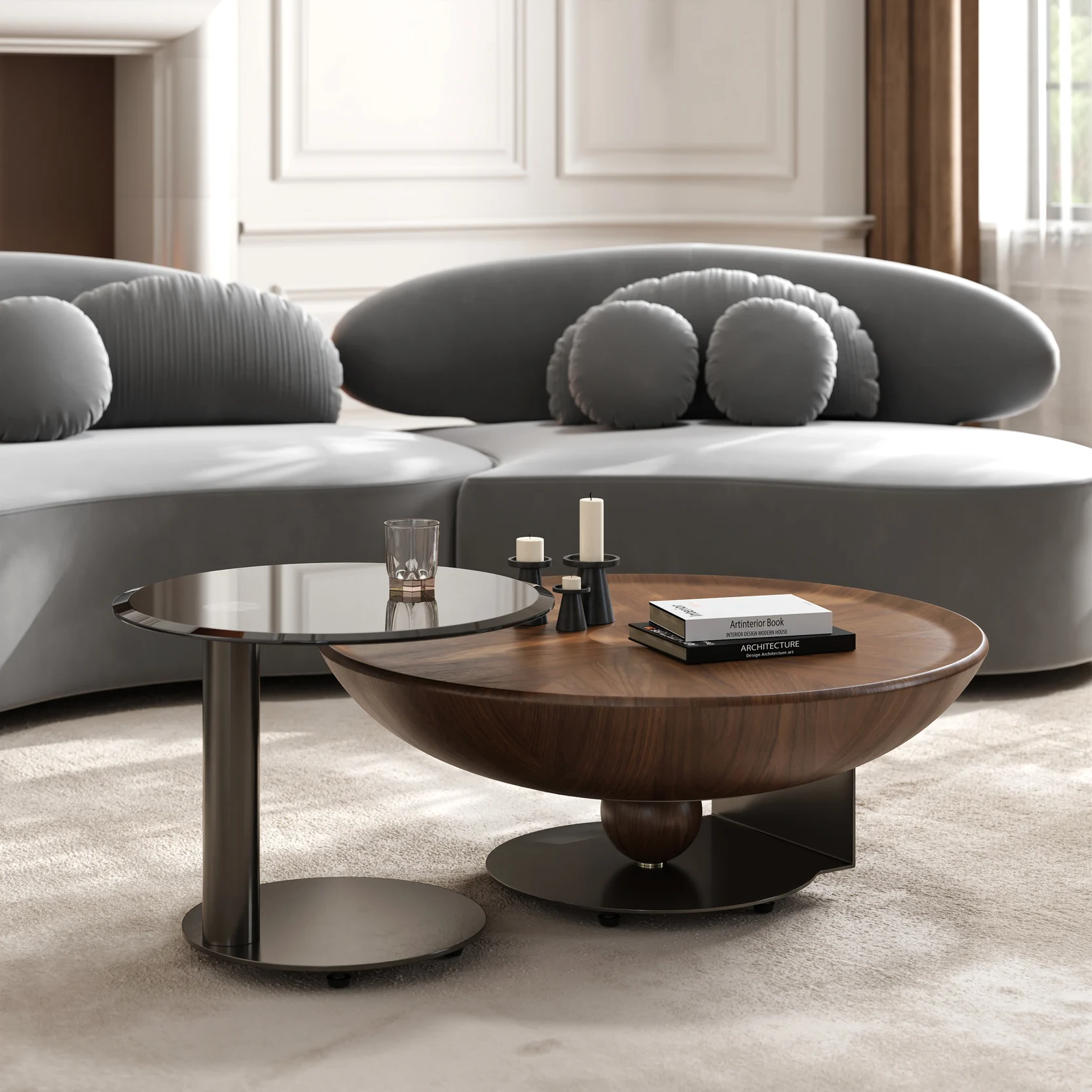 Glass Top Walnut Nesting Coffee Table Set of 2(22″-35″)