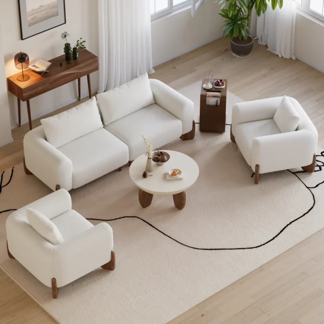 Curva 78" White Boucle Upholstered Wood Legs 2-Seat Sofa - Image 3